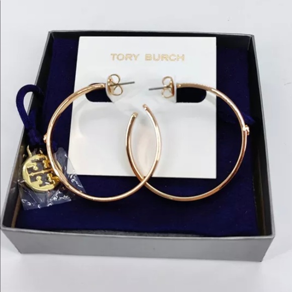 TORY BURCH Rose Gold Kira Logo Hoop Earrings - Picture 4 of 5